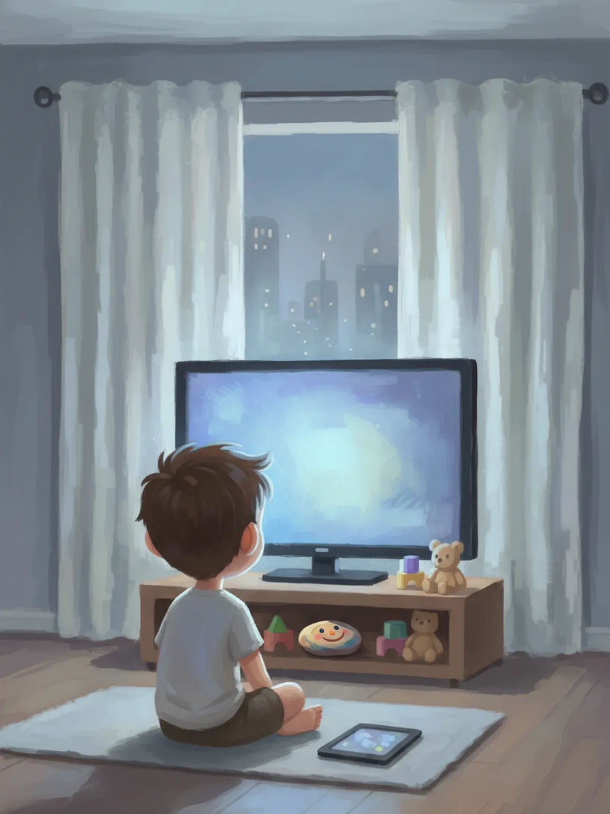 Aden sits alone on the floor of a city flat, lit blue by the television.