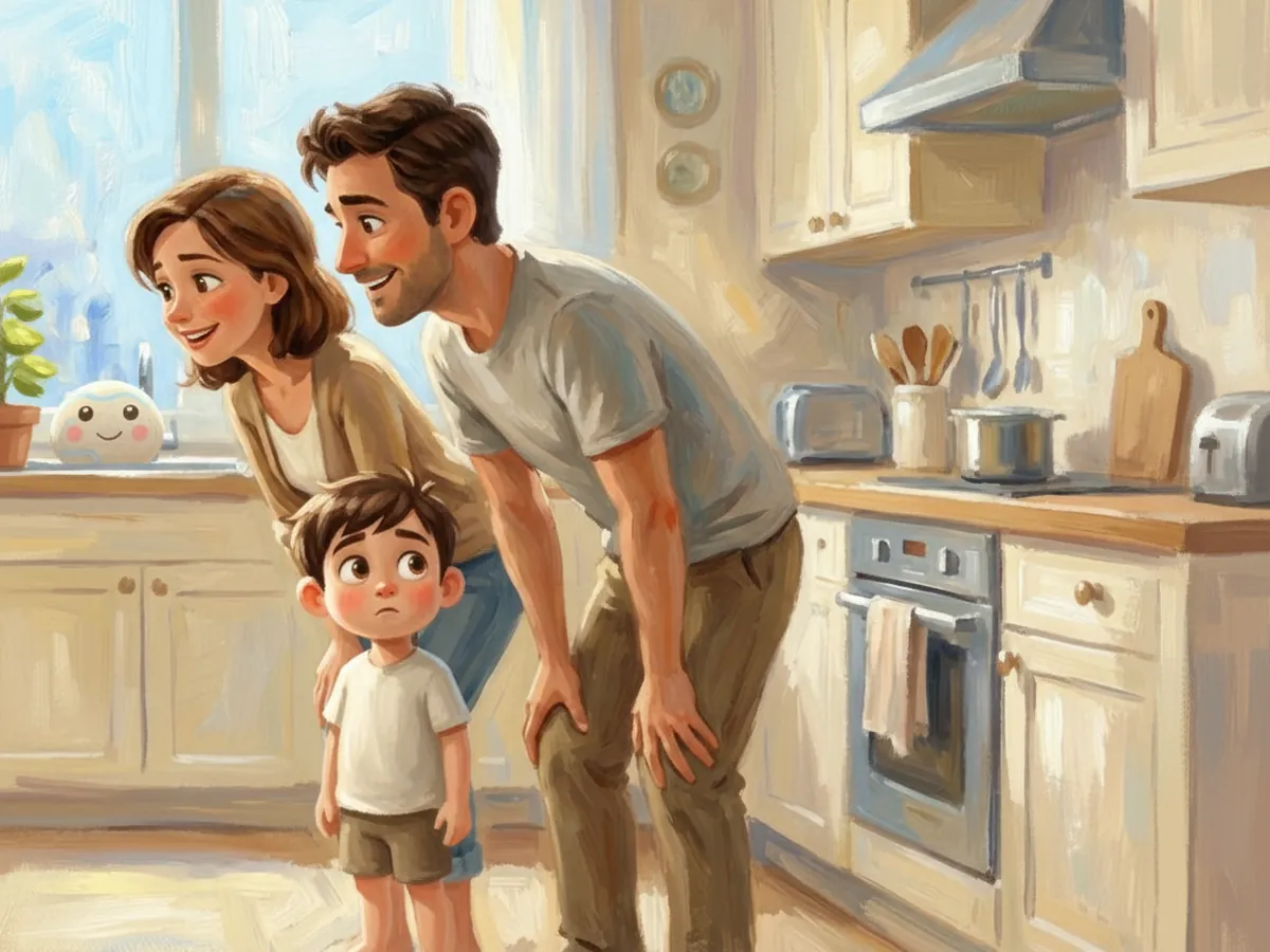 Mum and Dad lean down to Aden in the kitchen, smiling.