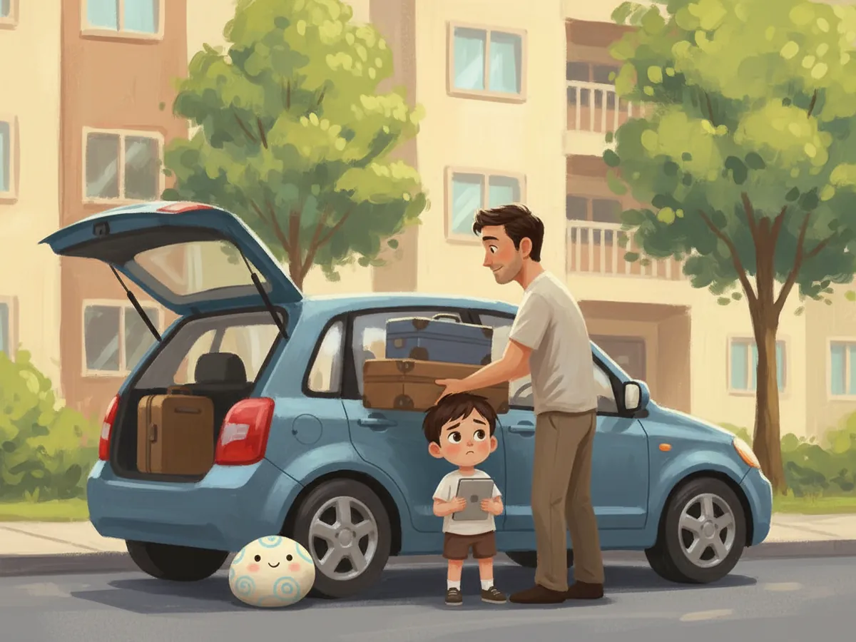Dad loads the car while Aden hugs his tablet.