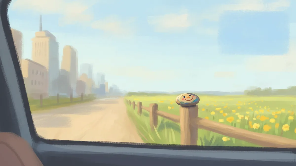 Through the car window, the city melts into fields.