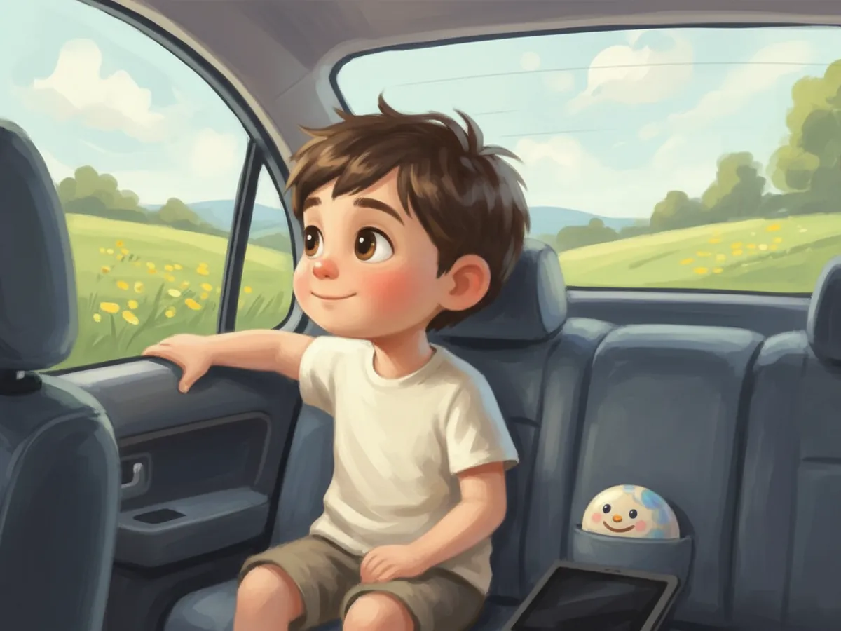 Aden looks out of the open car window, the tablet forgotten beside him.