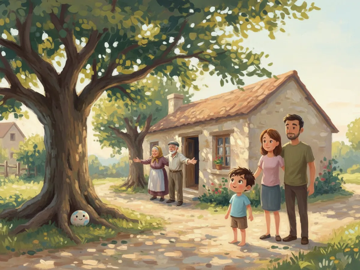 Nana and Grandpa open their arms at the door of a stone house under a mulberry tree.