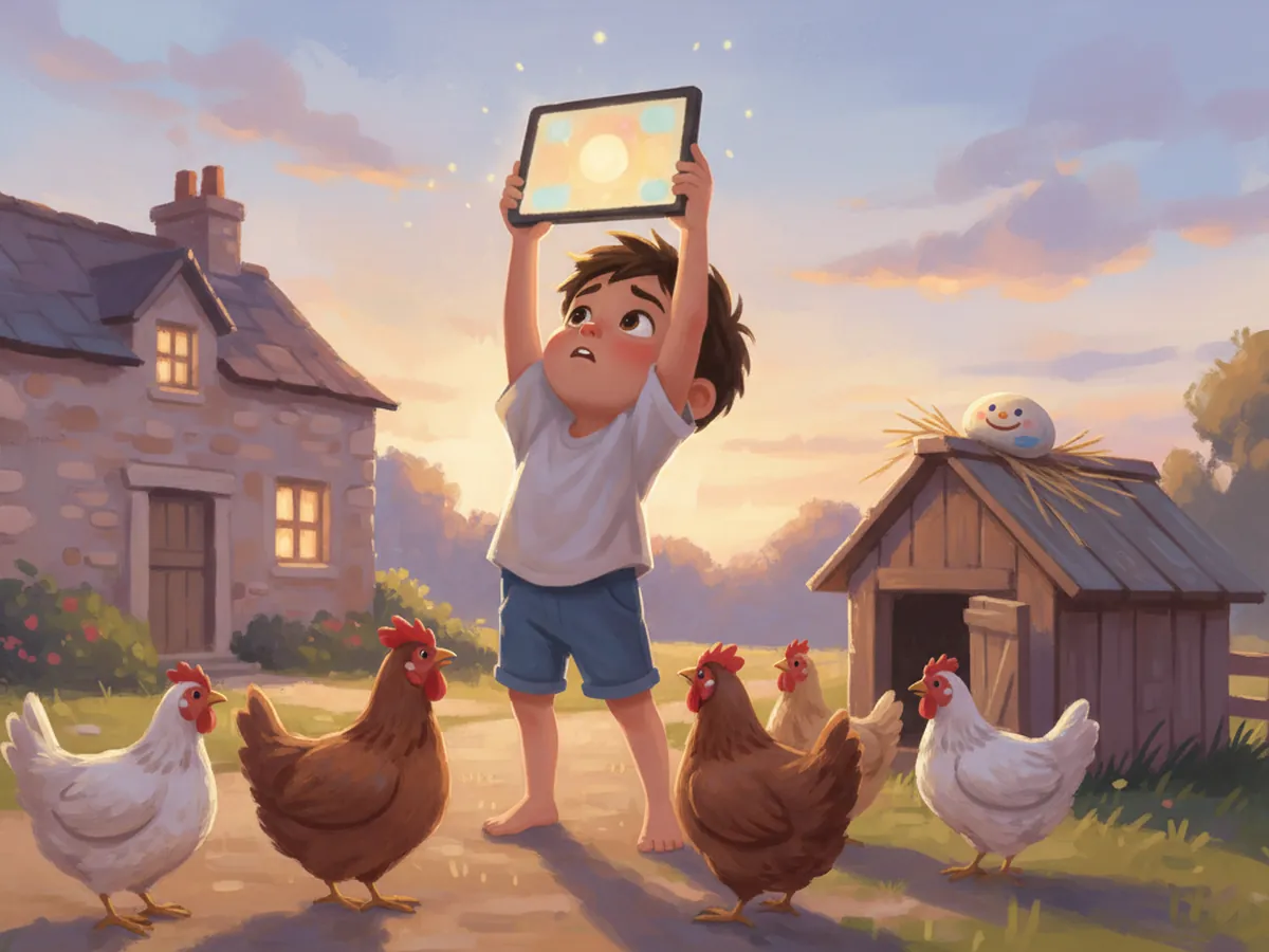 Aden holds his tablet up high in the farmyard at dusk, looking for a signal.