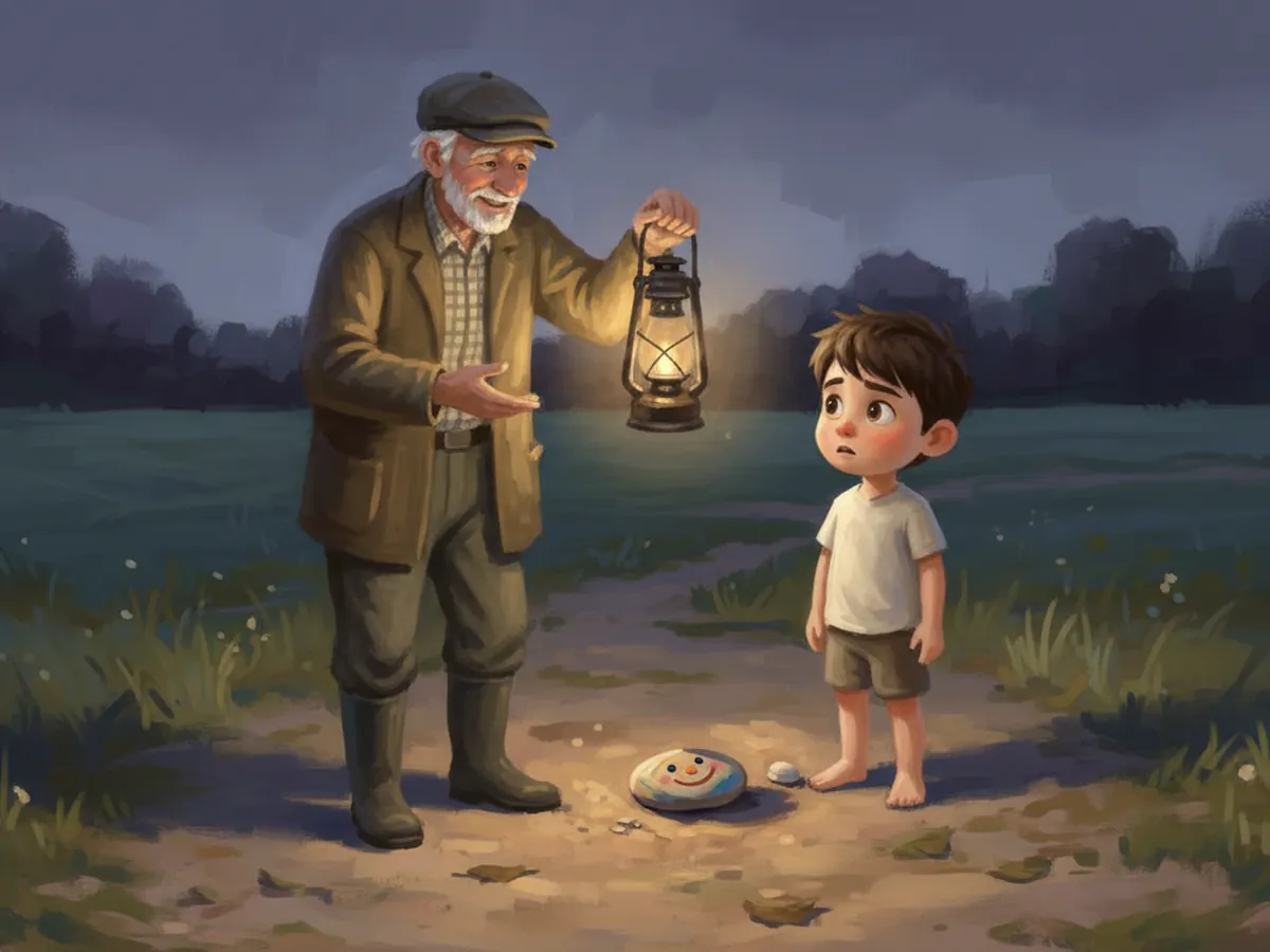 Grandpa, holding a lantern, beckons Aden into the dark.