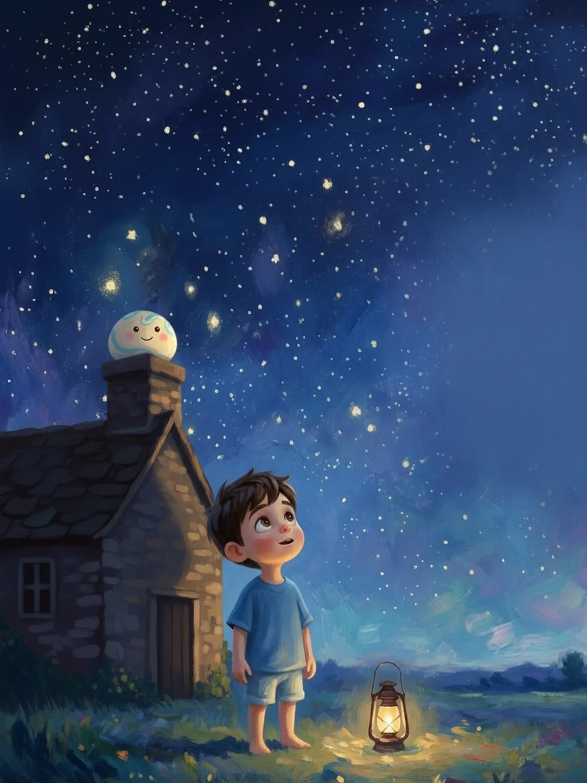 Aden gazes up at a sky full of stars beside a lantern.