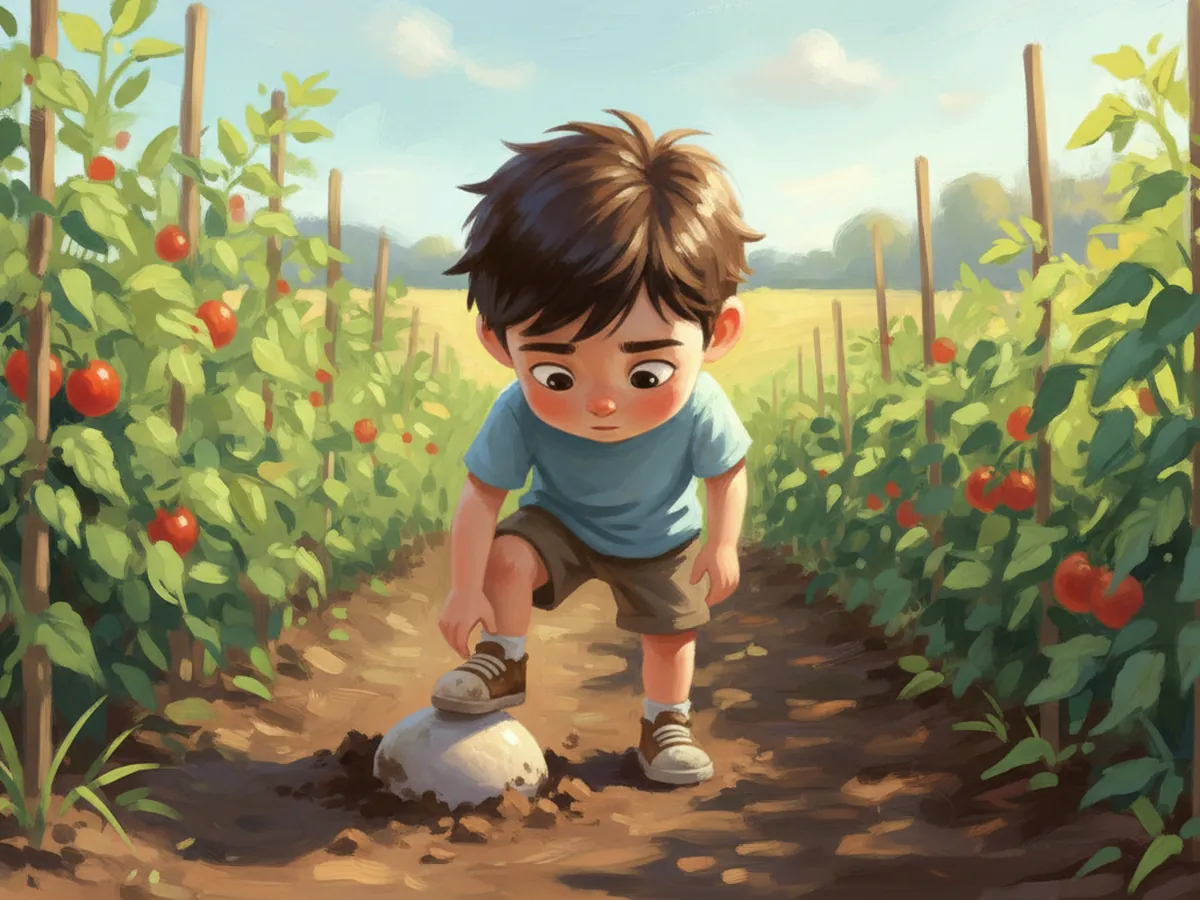 In the vegetable garden, Aden notices a smooth round stone.