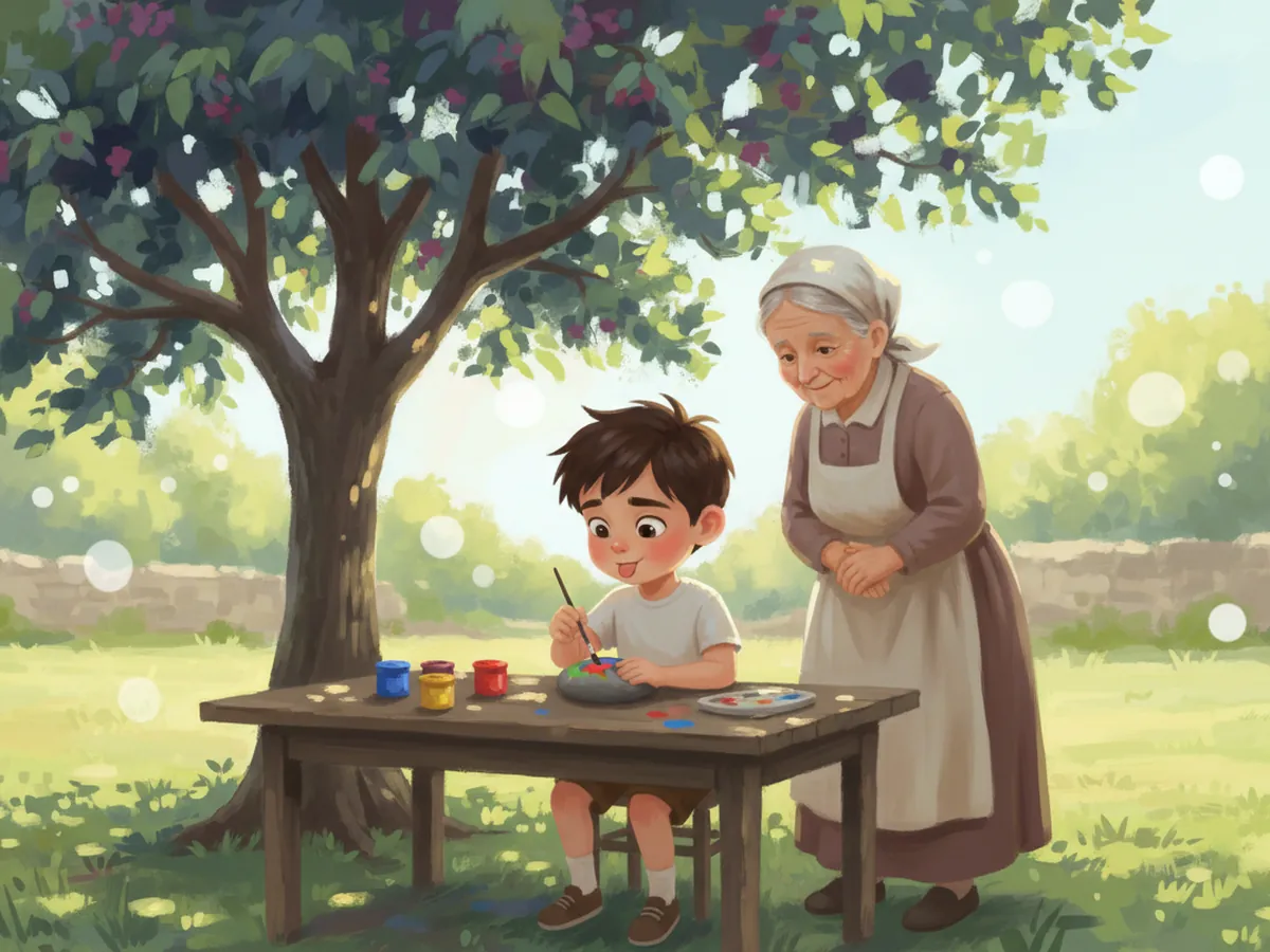 Aden paints the stone under the mulberry tree while Nana watches.