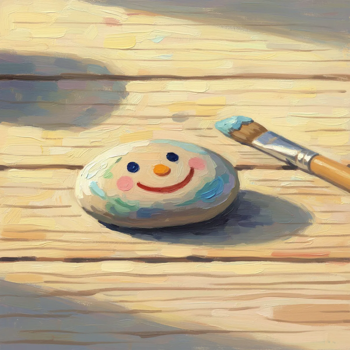 The painted stone smiles up from the table.