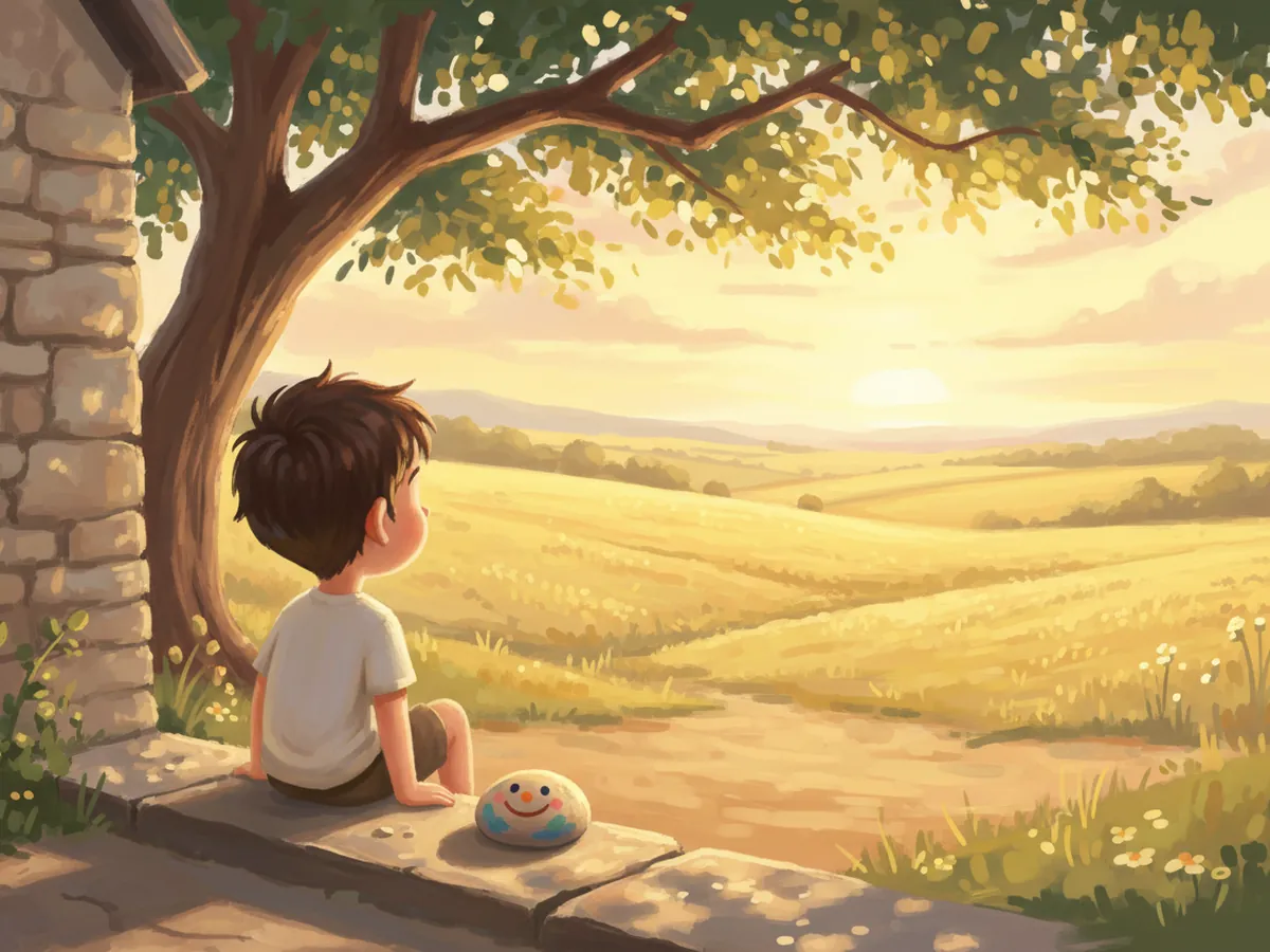 At sunset, Aden and his painted stone sit side by side on the doorstep.
